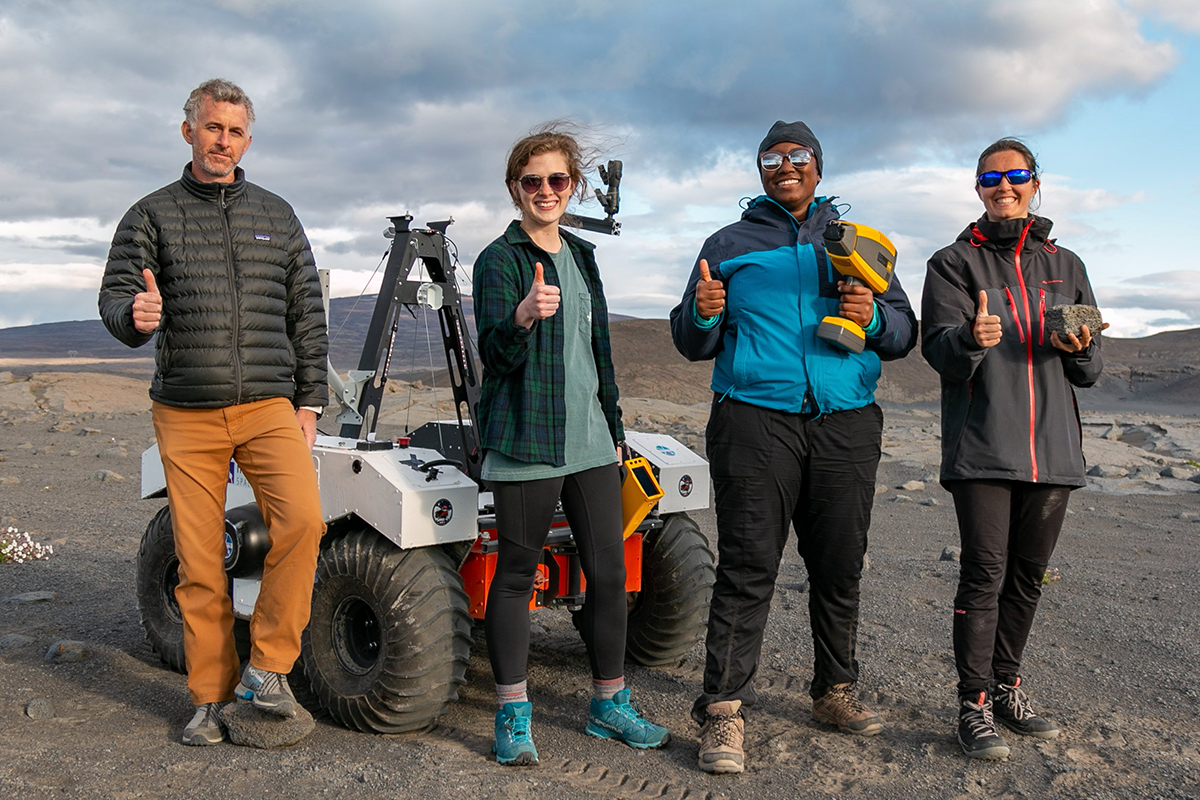 Texas A&M Geology and Geophysics researchers in Iceland: Dr. Ryan Ewing, professor; Emily Champion, undergraduate student; Kashauna Mason, doctoral student; and Dr. Marion Nachon, postdoctoral associate. (Photo by Nick Wilson, Texas A&M Marketing and Communications.)